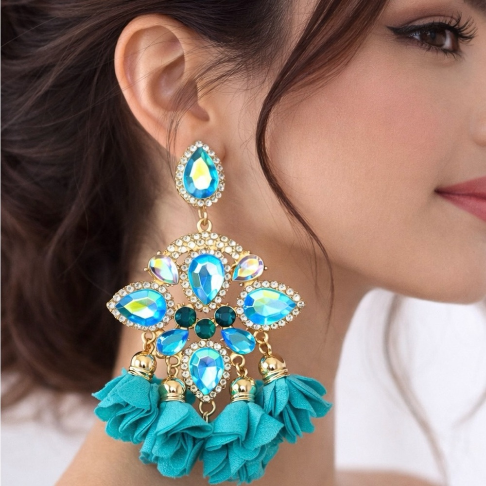 Elegant Blue and Gold Statement Earrings